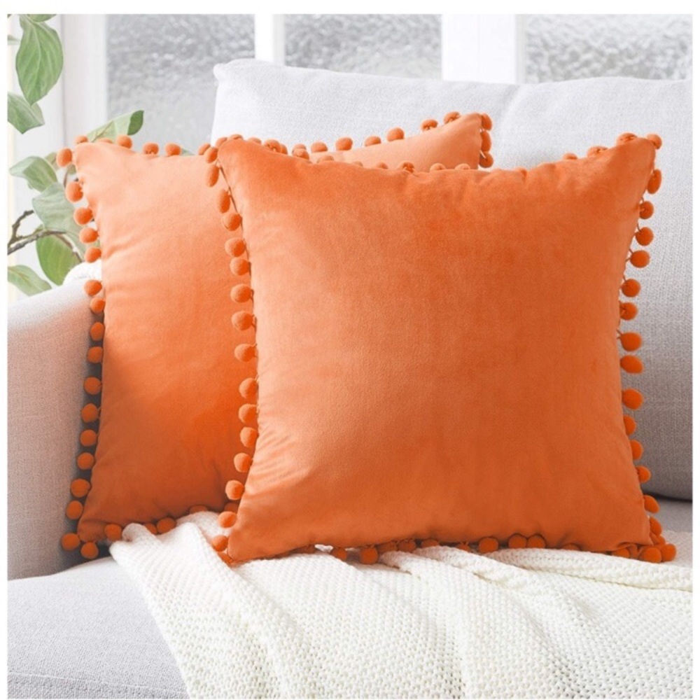 Trendy Light Grey Modern Cute Preppy Pompom Fringe Throw Pillow Cover Twin Set - Picture 9 of 16